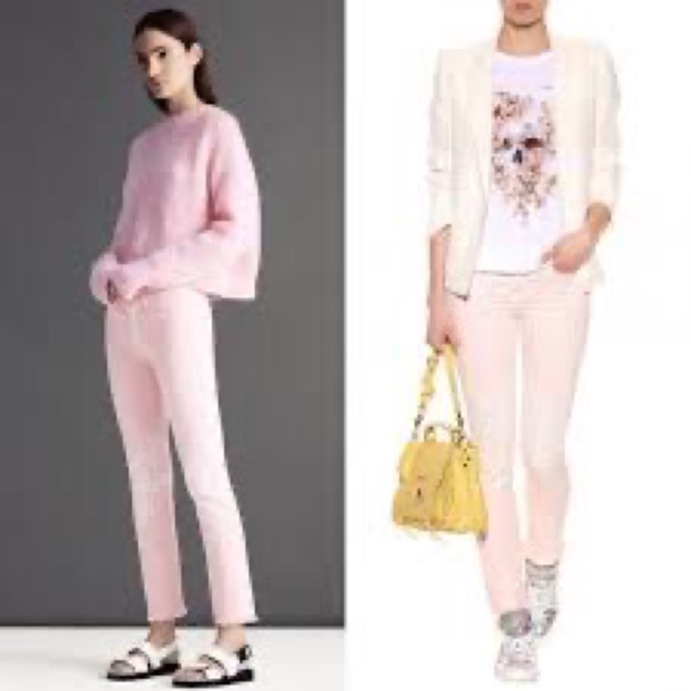J Brand Christopher Kane Pink Lace Embellished Frayed Hem Jeans Straight Leg 30